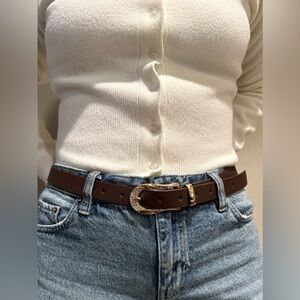 Brown Leather Belt with Gold Buckle